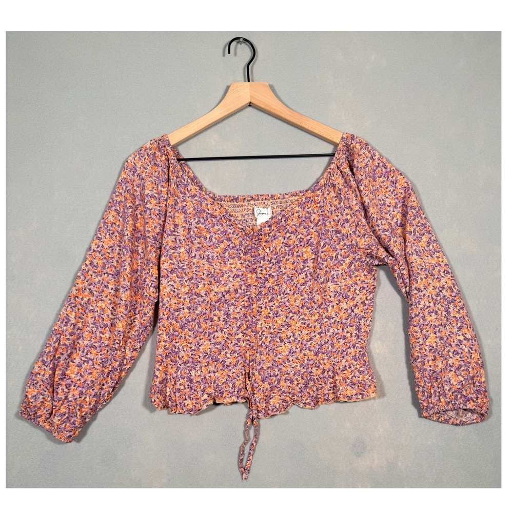 Japna Women Purple Orange Floral Smocked Peplum Blouse Square Neck Large - Picture 1 of 8